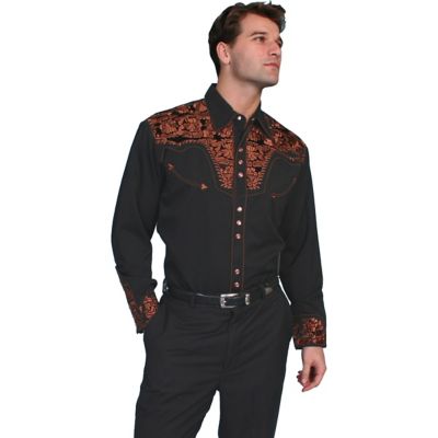Scully Men's Legends Poly/Rayon Blend Snap-Front Shirt, Floral Tooled Embroidery