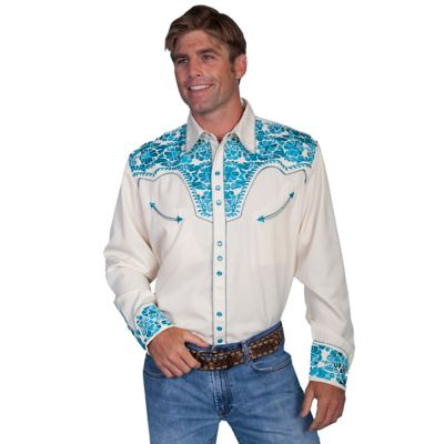 Scully Men's Legends Poly/Rayon Blend Snap-Front Shirt, Floral Embroidery