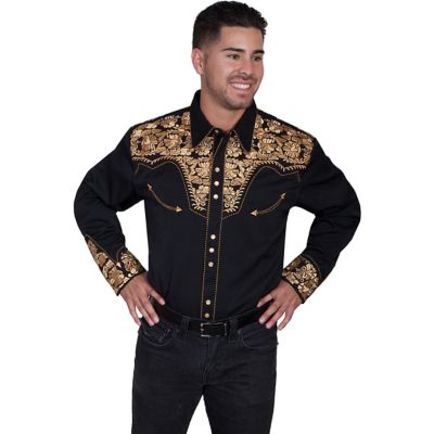 Scully Men's Legends Poly/Rayon Blend Snap-Front Shirt, Floral Tooled Embroidery