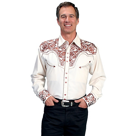 Scully Men's Legends Poly/Rayon Blend Snap-Front Shirt, Floral Embroidery