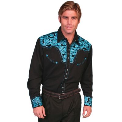 Scully Men's Legends Poly/Rayon Blend Snap-Front Shirt, Floral Tooled Embroidery