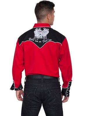 Image showing  Men's Legends Poly/Rayon Blend Snap-Front Shirt, Four Ace Embroidery, Red