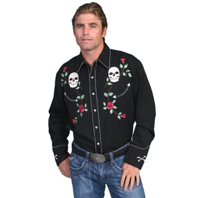 Scully Men's Legends Poly/Rayon Blend Snap-Front Shirt, Skull/Roses Embroidery