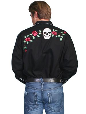 Image showing 1 th Scully Men's Legends Poly/Rayon Blend Snap-Front Shirt, Skull/Roses Embroidery