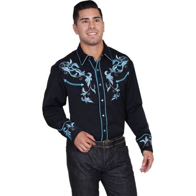 Scully Men's Legends Embroidered 2-Tone Leaf Western Show Shirt, Black Premium Quality Shirt