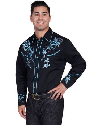 Image showing  Men's Legends Embroidered 2-Tone Leaf Western Show Shirt, Black