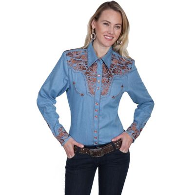 Scully Women's Legends Poly/Rayon Blend Snap-Front Blouse, Blue at ...