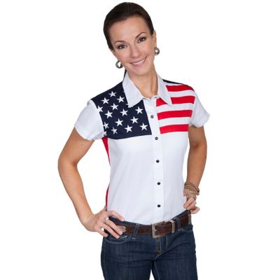 Scully Women's Patriot Collection 100% Cotton Snap-Front Cap Sleeve Western Blouse, Red/White/Blue
