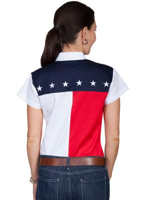 Image showing  Women's Patriot Collection 100% Cotton Snap-Front Cap Sleeve Western Blouse, Red/White/Blue