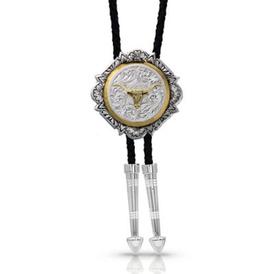 Montana Silversmiths Silver and Gold Engraved Button Bolo Tie, BT366-384S