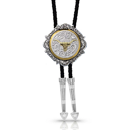 Montana Silversmiths Silver and Gold Engraved Button Bolo Tie, BT366-384S