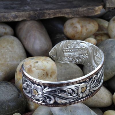 Image showing  Women's LeatherCut Floral Brass Cuff Bracelet, Tri-Color