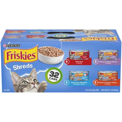 Friskies Savory Adult Beef, Turkey, Tuna, Chicken and Salmon Shreds in Gravy Wet Cat Food Variety Pack, 5.5 oz. Can, Pack of 32