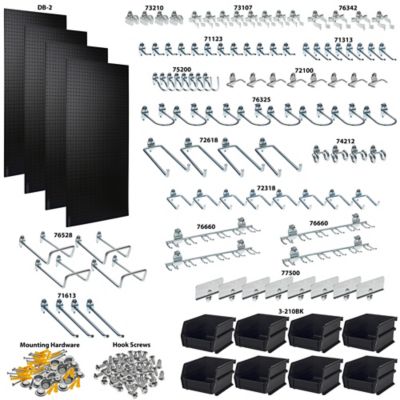 Image showing  24 x 48 in. ABS Pegboard, 96 pc. DuraHook Assortment, Hanging Bin System & Wall Mounting Hardware, DB-4BK KIT