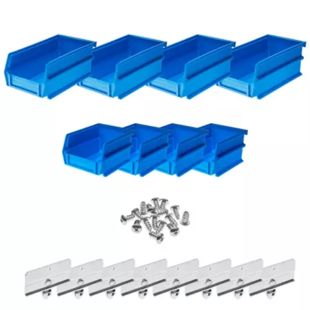 Triton Products (4) Small and (4) Large Polypropylene Hanging Bins and Trash Can Clip Kit Blue Pegboard Accessories