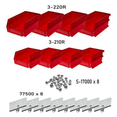 Image showing  (4) Small and (4) Large Polypropylene Hanging Bins and Bin Clip Kit, Red