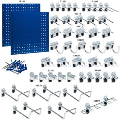 Image showing  24 x 24 x 9/16 in. Blue Epoxy, 18 ga. Steel Square Hole Pegboards with 46 pc. LocHook Assortment, LB1-BKIT