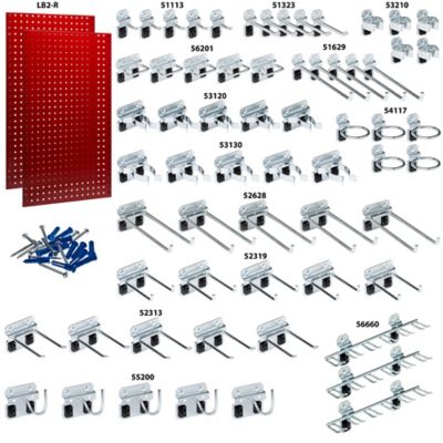 Image showing  (2) 24 W X 42 H X 9/16 D In. Red Epoxy, 18-Gauge Steel Square Hole Pegboards W/63 Pc. Lochook Assortment