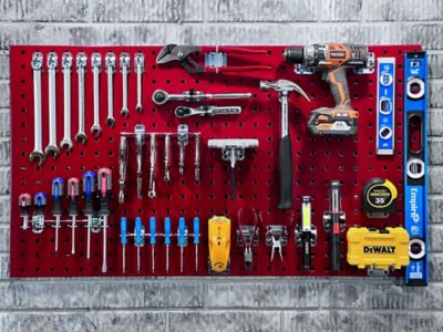 Image showing  (2) 24 W X 42 H X 9/16 D In. Red Epoxy, 18-Gauge Steel Square Hole Pegboards W/63 Pc. Lochook Assortment