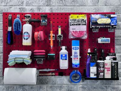 Image showing  (2) 24 W X 42 H X 9/16 D In. Red Epoxy, 18-Gauge Steel Square Hole Pegboards W/63 Pc. Lochook Assortment