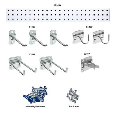 Image showing  36 in. x 4.5 in. 18 Gauge Steel Square Hole Gardening Pegboard with 8 pc. LocHook Assortment, White, LBS36G-WHT