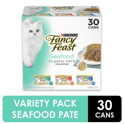 Fancy Feast Classic Adult Grain-Free Seafood, Fish, Tuna and Salmon Feast Pate Wet Cat Food Variety Pack, 3 oz. Can, Pack of 30