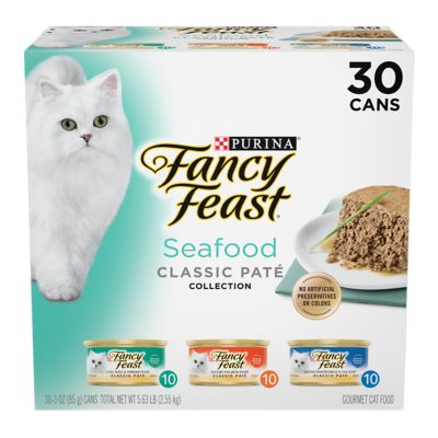 Fancy Feast Classic Adult Grain-Free Seafood, Fish, Tuna and Salmon Feast Pate Wet Cat Food Variety Pack, 3 oz. Can, Pack of 30