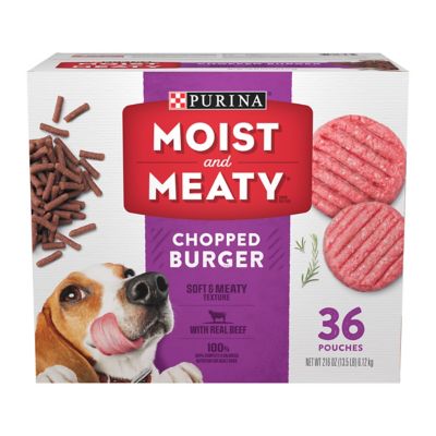 Purina Moist & Meaty Adult Chopped Beef Chunks Wet Dog Food, 6 oz. Pouch, Pack of 36 My dogs love moist and meaty pouches as a snack or for dinner