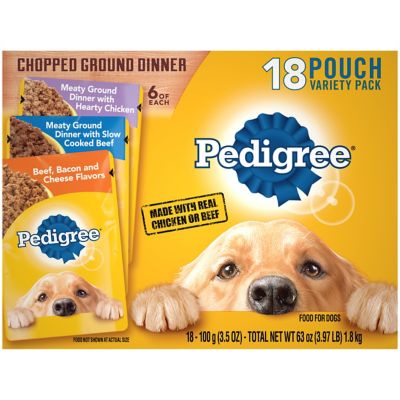 Pedigree Adult Minced Beef, Bacon and Chicken Wet Dog Food Variety Pack, 3.5 oz. Can, Pack of 18 Large Pouches and great for older dogs who need softer foods