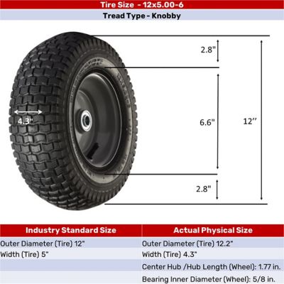 Image showing 12x5-6 Pneumatic Wheels with Turf Tread, 5/8 in. Bore Size