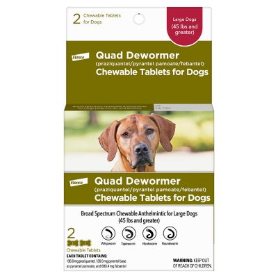 Elanco Quad Dewormer (praziquantel/pyrantel pamoate/febantel) Chewable Tablets for Large Dogs, 136 mg Only over the counter dewormer I use because it actually gets all the types of worms instead of just some like most common dewormers