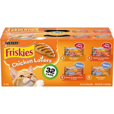 Friskies Chicken Lover's Prime Filets Adult Chicken, Tuna and Salmon in Gravy Wet Cat Food Variety Pack, 5.5 oz. Can, Pack of 32 Cats love it