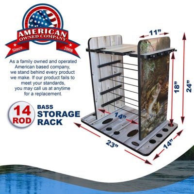 Image showing  14-Rod Fishing Rod Storage Rack with 4-Bait Storage Bin, Bass Pattern