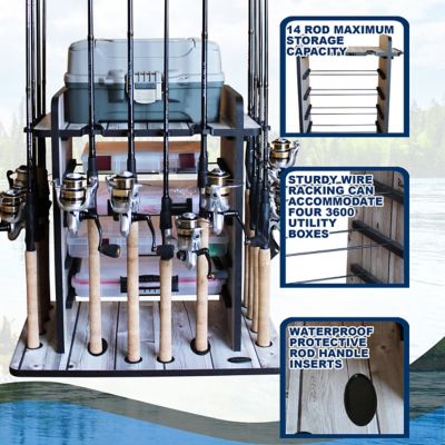 Image showing  14-Rod Fishing Rod Storage Rack with 4-Bait Storage Bin, Bass Pattern