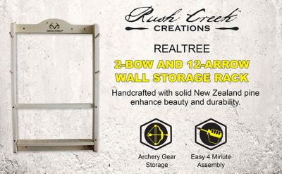 Image showing 7 th Rush Creek Creations Realtree 2-Compound Bow and 12-Arrow Wall Wood Storage Rack