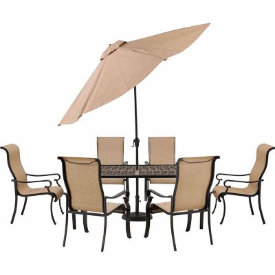 Hanover Brigantine 7-Piece Outdoor Dining Set with Cast-Aluminum Tabletop & 9 ft. Umbrella, BRIGDN7PC-SU