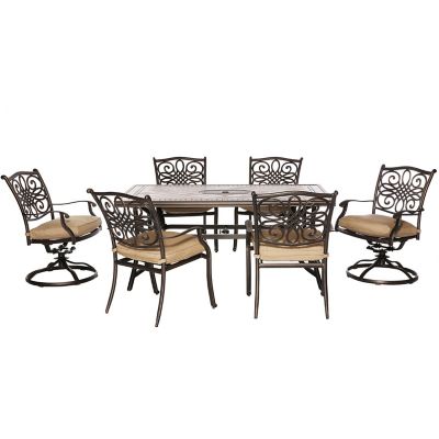 Hanover Monaco 7-Piece Patio Dining Set in Natural Oat with 4 Dining Chairs, 2 Swivel Rockers, and a 40 x 68in.