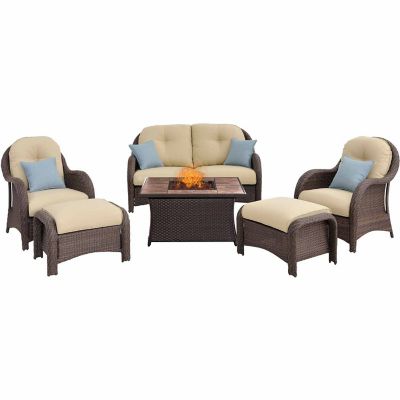 Hanover Newport 6 Piece Woven Seating Set With Porcelain Tile