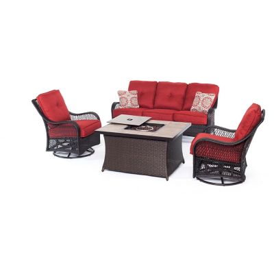 Hanover Orleans Woven Lounge Set with Porcelain Tile-Top Fire Pit Table, Autumn Berry, 4 pc -  013964865578