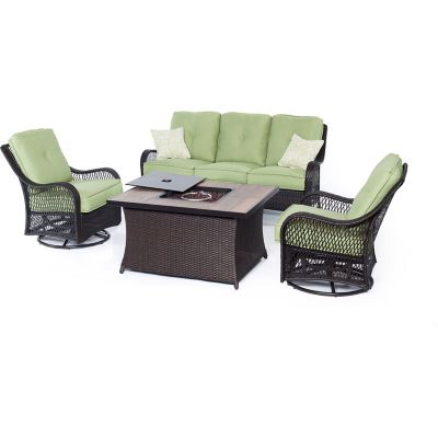 Hanover Orleans Woven Lounge Set with Wood-Grain Tile-Top Fire Pit Table, Avocado Green, 4 pc -  ORLEANS4PCFP-GRN-A