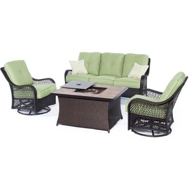 Hanover Orleans Woven Lounge Set with Fire Pit Table, Avocado Green, 4 pc.