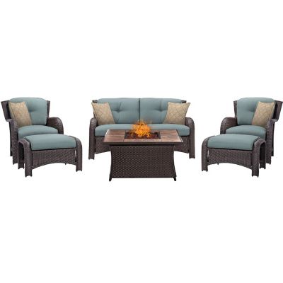Hanover 63-3/4 in. Strathmere Lounge Set with Tan Tile-Top Fire Pit Table, 40,000 BTU, Blue, 6 pc.