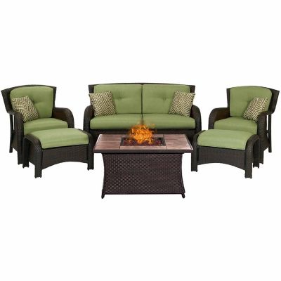 Hanover 63-3/4 in. Strathmere Lounge Set with Tan Tile-Top Fire Pit Table, 40,000 BTU, Green, 6 pc