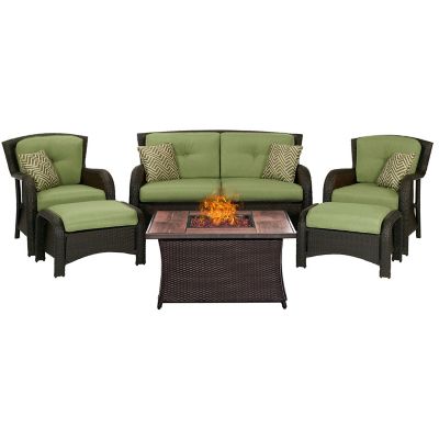 Hanover 6 pc. Strathmere Lounge Set with Wood Grain Tile Top Fire Pit Table, 40,000 BTU, Green