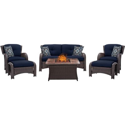 Hanover 6 pc. Strathmere Lounge Set with Wood Grain Tile Top Fire Pit Table, 40,000 BTU, Navy Blue