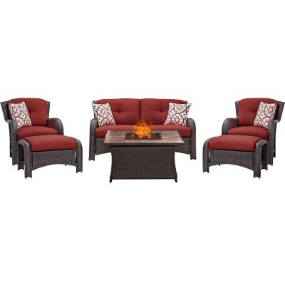 Hanover 63-3/4 in. Strathmere Lounge Set with Tan Tile-Top Fire Pit Table, 40,000 BTU, Red, 6 pc -  013964875225