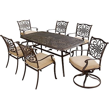 Hanover 7 pc. Traditions Outdoor Dining Set, Includes 4 Dining Chairs, 2 Swivel Chairs and 38 in. x 72 in. Table