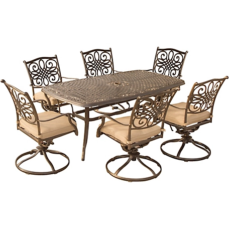 Hanover 7 pc. Traditions Outdoor Dining Set, Includes 6 Swivel Dining Chairs and Large 72 in. x 38 in. Dining Table