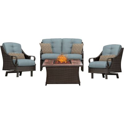 Hanover 4 pc. Ventura Fire Pit Chat Set with Wood Grain Tile Top, 40,000 BTU, Ocean Blue