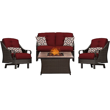 Hanover 4 pc. Ventura Fire Pit Chat Set with Tan Porcelain Tile Top, 40,000 BTU, Red